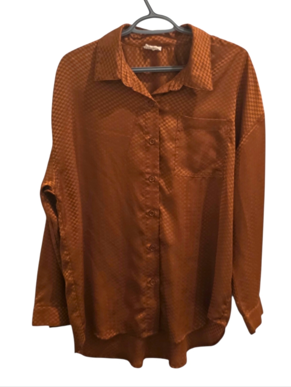 Hem & Thread Rust Bronze Checkered Satin Button Down Shirt Size M - Picture 2 of 5